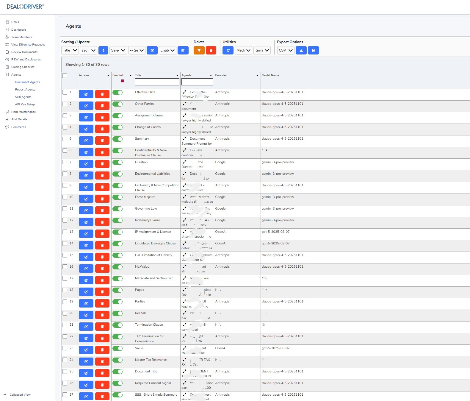Deal Driver AI Agents configuration interface